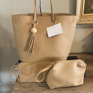 Beige Leather Tote Bag with Wristlet and Pouch
